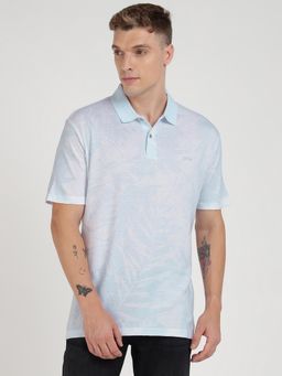 Guess - Blue Cotton Blend Printed Collar Neck Polo T-Shirt