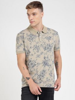 Guess - Beige Cotton Blend Floral Printed Collar Neck Polo T-Shirt