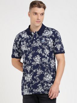 Guess - Navy Blue Cotton Blend Floral Printed Collar Neck Polo T-Shirt