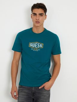 Guess - Teal Cotton Blend Printed Round Neck T-Shirt