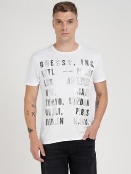 Guess - White Pure Cotton Typography Printed Round Neck T-Shirt
