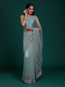 Koskii - Sea Green Zari Work Net Saree with Unstitched Blouse