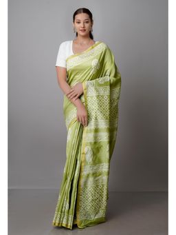 Unnati Silks - Pale Green Pure Block Printed Chanderi Sico Saree with Unstitched Blouse