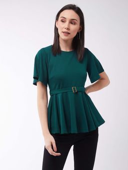 Miss Chase - Women Green Solid Slim Fit Round Neck Short Sleeve Regular Length Top