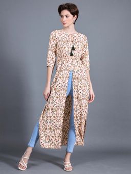 Miss Chase - Women's Multicolored Round Neck Floral Tie-Up Front Slit Maxi Workwear Top