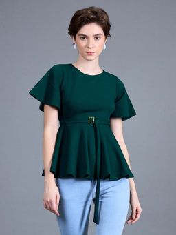 Miss Chase - Women's Green Solid Slim Fit Round Neck Short Sleeve Workwear Top