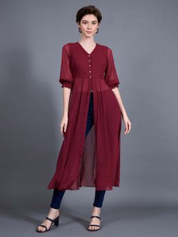 Miss Chase - Women's Maroon V-Neck 3/4 Sleeves solid empire Maxi Workwear Top