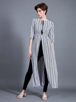 Miss Chase - Women's Black & White Round Neck Tassel Tie-Up Maxi Workwear Top