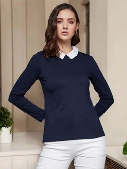 Miss Chase - Women Navy Blue Collared Neck Full Sleeve Cotton Buttoned Top