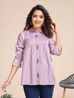 MOJILAA - Women Mauve Pure Viscose Floral Embroidered Shirt Style Top