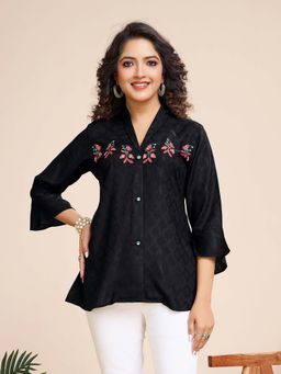 MOJILAA - Women Black Pure Viscose Floral Embroidered Shirt Style Top