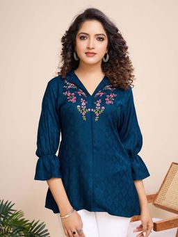 MOJILAA - Women Teal Pure Viscose Floral Embroidered Shirt Style Top
