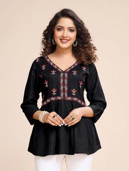 MOJILAA - Women Black Pure Viscose Floral Embroidered Gathered Top