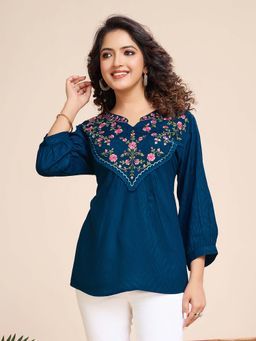 MOJILAA - Women Teal Pure Viscose Floral Embroidered A-Line Top