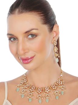 Akulya Jewels - Kundan Necklace with Mint Green Beads (Set of 2)