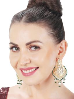 Akulya Jewels - Gold Finished Dark Green Brass Danglers with Antique Minakari and Kundan Work