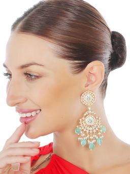 Akulya Jewels - Mint Green and White Kundan Meenkari Danglers with Beads