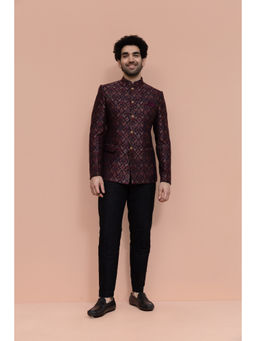 KISAH - Men Maroon Self Design Jodhpuri Bandhgala with Pant