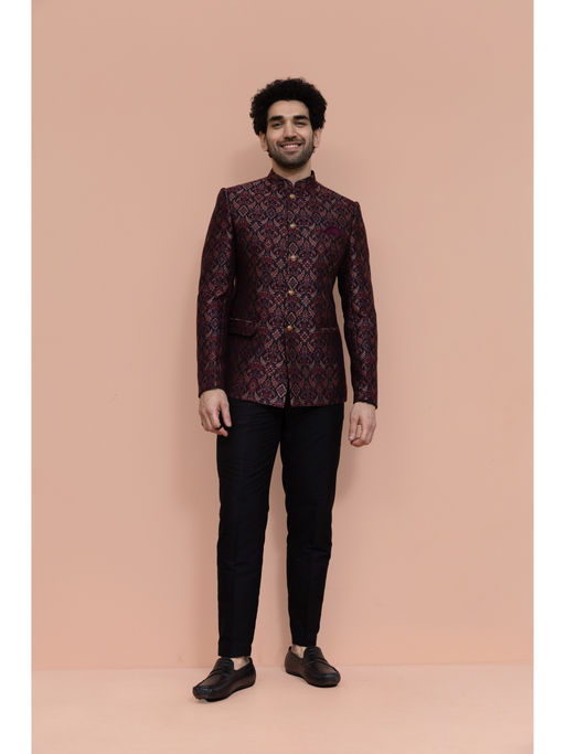 KISAH Men Maroon Self Design Jodhpuri Bandhgala with Pant