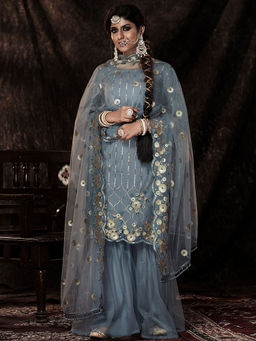 Odette - Designer Grey Soft Net Semi Stitched Suit (Set of 3)