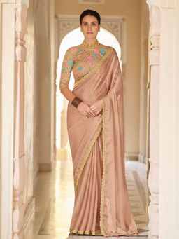Odette - Beige Organza Embroidered Saree with Unstitched Blouse