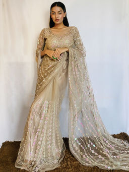 Odette - Designer Beige Net Sequins Saree with Unstitched Blouse
