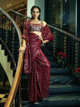 Odette - Red Designer Sequin Saree with Unstitched Blouse