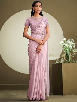 Odette - Pink Silk Blend Embroidered Saree with Unstitched Blouse