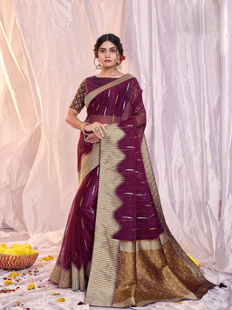 Odette - Wine Organza Printed Saree with Unstitched Blouse