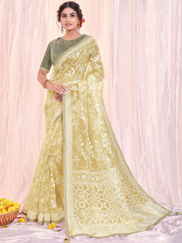 Odette - Beige Tissue Printed Saree with Unstitched Blouse
