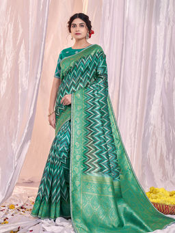 Odette - Sea Green Silk Jacquard Printed Saree with Unstitched Blouse