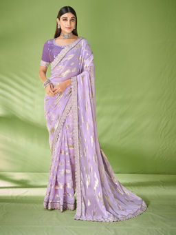 Odette - Lavender Georgette Zari Jacquard Printed Saree with Unstitched Blouse