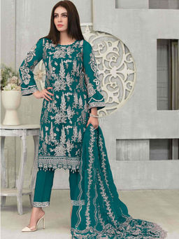 Odette - Teal Embroidered Party Wear Georgette Semi Stitched Suit (Set of 3)