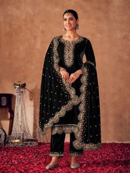 Odette - Black Colored Embroidered Velvet Semi Stitched Suit (Set of 3)