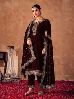 Odette - Maroon Colored Embroidered Velvet Semi Stitched Suit (Set of 3)