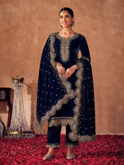 Odette - Dark Blue Colored Embroidered Velvet Semi Stitched Suit (Set of 3)