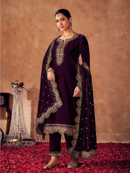 Odette - Purple Colored Embroidered Velvet Semi Stitched Suit (Set of 3)