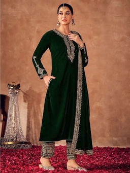 Odette - Dark Green Colored Embroidered Velvet Semi Stitched Suit (Set of 3)