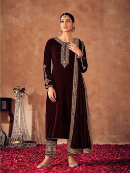 Odette - Maroon Colored Embroidered Velvet Semi Stitched Suit (Set of 3)
