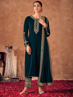 Odette - Teal Colored Embroidered Velvet Semi Stitched Suit (Set of 3)