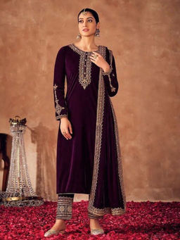 Odette - Violet Colored Embroidered Velvet Semi Stitched Suit (Set of 3)