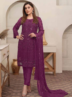 Odette - Purple Embroidered Georgette Semi Stitched Suit (Set of 3)