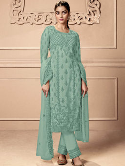 Odette - Sea Green Embroidered Georgette Semi Stitched Suit (Set of 3)