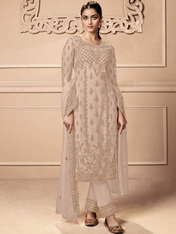 Odette - Beige Embroidered Georgette Semi Stitched Suit (Set of 3)