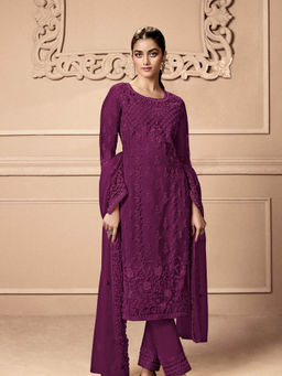 Odette - Wine Embroidered Georgette Semi Stitched Suit (Set of 3)