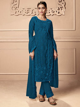 Odette - Teal Embroidered Georgette Semi Stitched Suit (Set of 3)