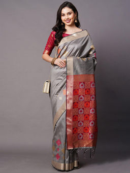 Odette - Grey Festive Cotton Silk Woven Design Saree with Unstitched Blouse