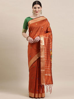 Odette - Women's Cotton Silk Rust Woven Design Handloom Saree with Unstitched Blouse