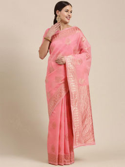 Odette - Women's Linen Blend Pink Woven Design Saree with Unstitched Blouse