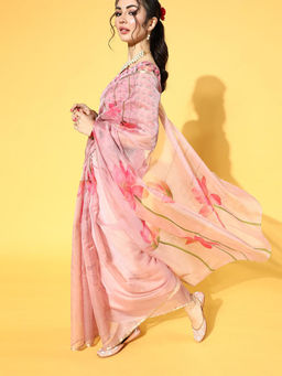 Odette - Women's Organza Pink Printed Celebrity Saree with Unstitched Blouse